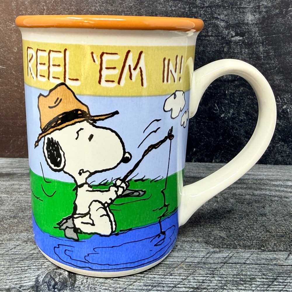Peanuts Snoopy Mug Reel Em In Fishing Ceramic Multi Color 16oz Large Coffee Cup